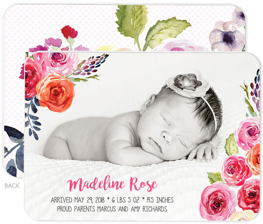 Watercolor Corner Roses Photo Birth Announcements